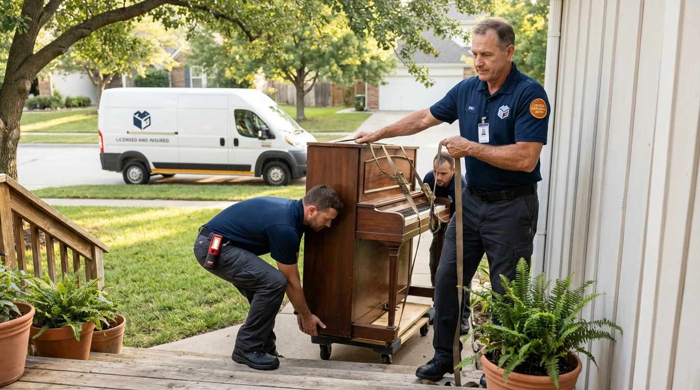 Licensed piano movers securing grand piano in Levittown, NY
