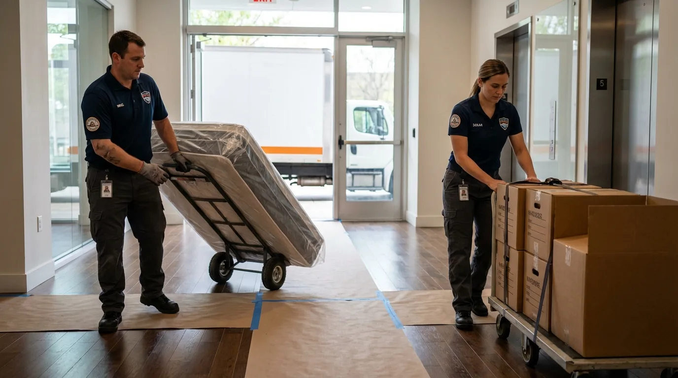 Professional apartment movers loading elevator in Levittown, NY